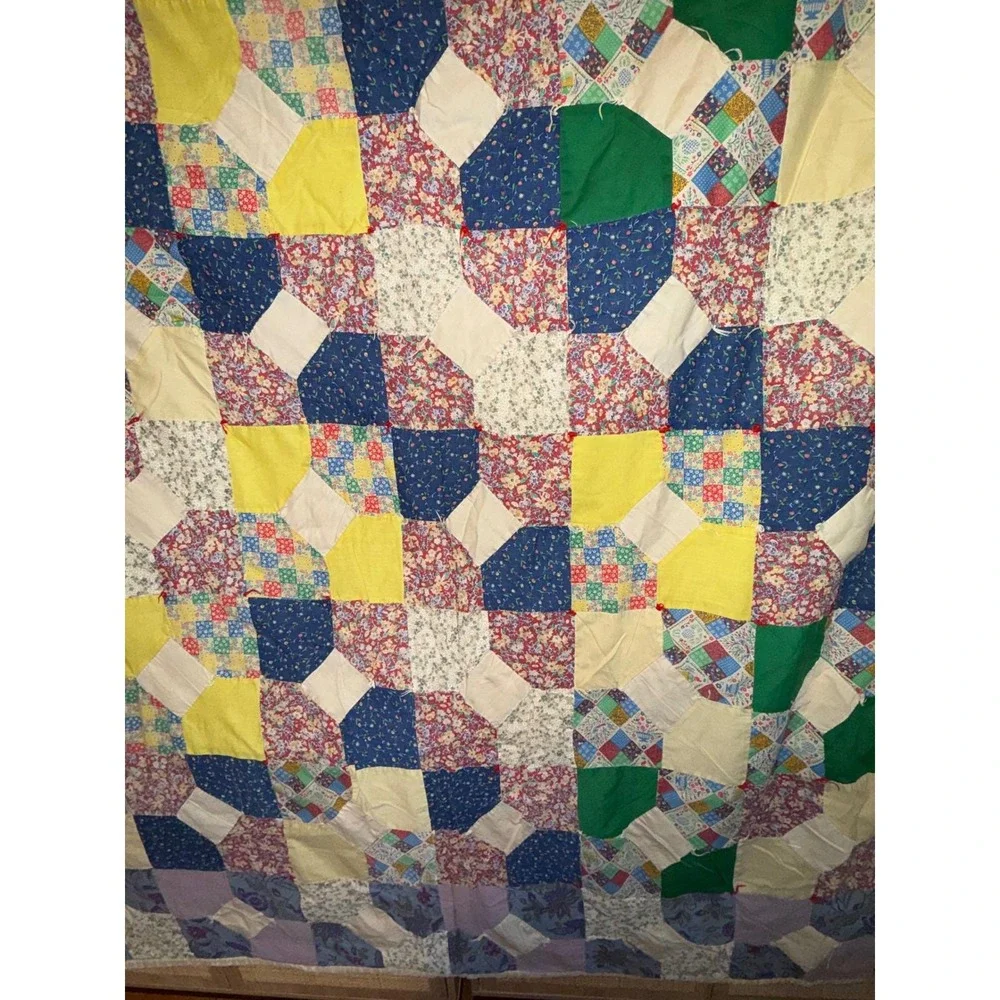 Vintage Handmade Hand stitched Patchwork Quilt Folk‎ Art Throw Blanket